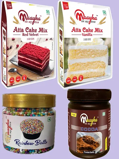 Atta Vanilla Cake Mix , Red Velvet Cake Mix, Cocoa Powder with Red Balls Sprinkles 450 Gram Pack of 4