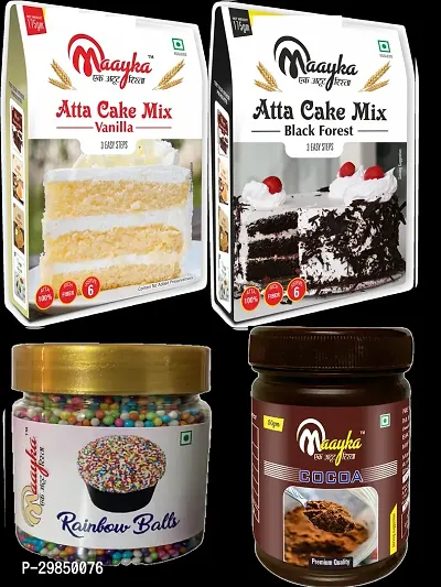 Atta Vanilla Cake Mix, Black Forest Cake Mix , Cocoa Powder with  Red Balls Sprinkles 450 Gram Pack of 4-thumb0