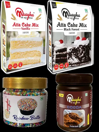 Atta Vanilla Cake Mix, Black Forest Cake Mix , Cocoa Powder with  Red Balls Sprinkles 450 Gram Pack of 4