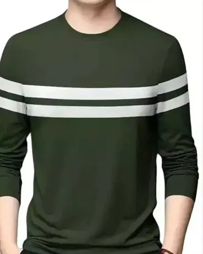 Mens Round Neck Solid Full Sleeves Front and Sleeve Stripes Tshirt