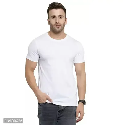 Reliable White Cotton Blend Solid Round Neck Tees For Men-thumb0