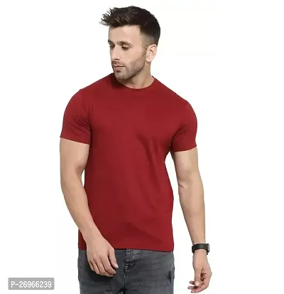 Reliable Maroon Cotton Blend Solid Round Neck Tees For Men
