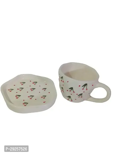 CERAMIC Cup plate pack of 2 White color with Cherry Print