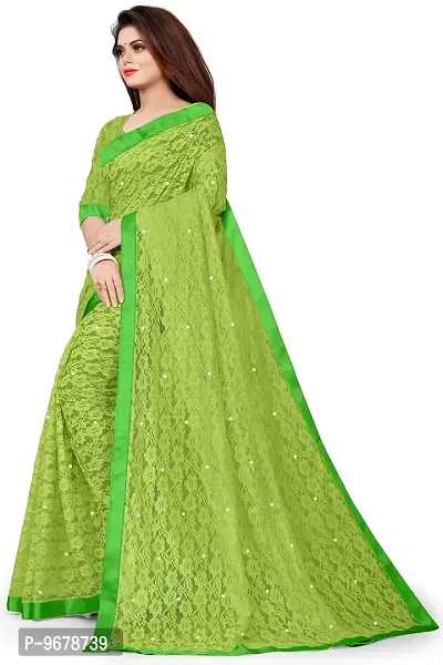 Women?s Embroidered Net Fabric Moti Work Saree With Unstitched Matching Blouse Piece (Light Green)-thumb3