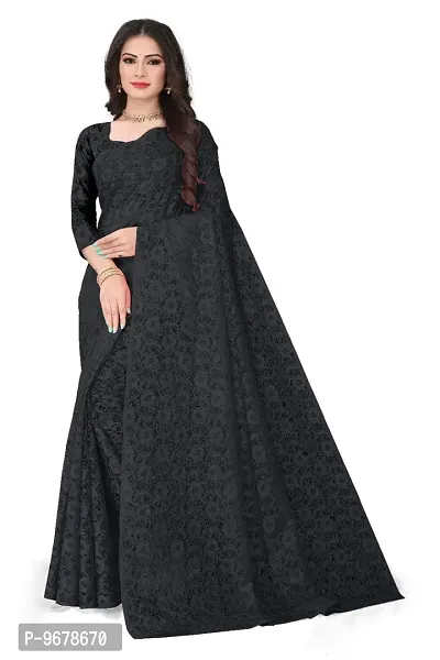 Women?s Embroidered Net Fabric Work Saree With Unstitched Matching Blouse Piece (Black)