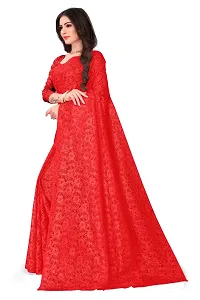 Women?s Embroidered Net Fabric Work Saree With Unstitched Matching Blouse Piece (Red)-thumb2