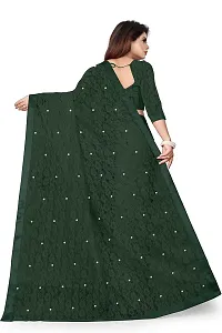 Women?s Embroidered Net Fabric Moti Work Saree With Unstitched Matching Blouse Piece (Dark Green)-thumb1