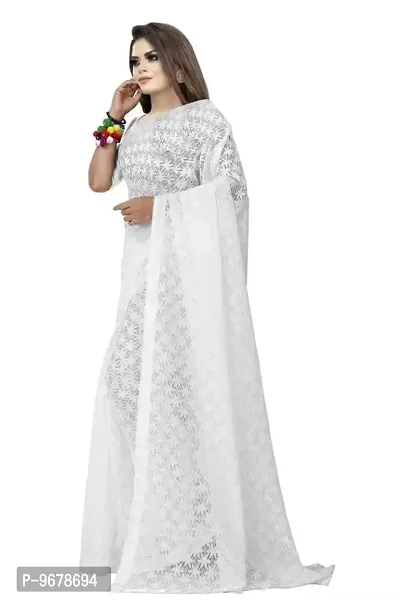 Women?s Embroidered Net Thraed Work Saree With Unstitched Matching Blouse Piece (White)-thumb3