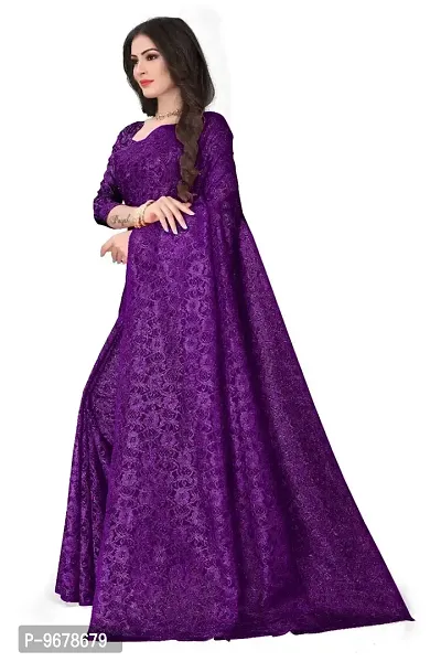 Women?s Embroidered Net Fabric Work Saree With Unstitched Matching Blouse Piece (Purple)-thumb3