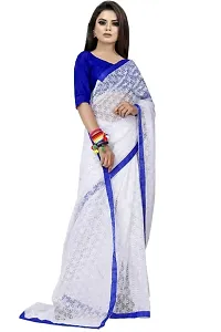 Women?s Embroidered Net Thraed Work Saree With Unstitched Matching Blouse Piece (White&Blue)-thumb3