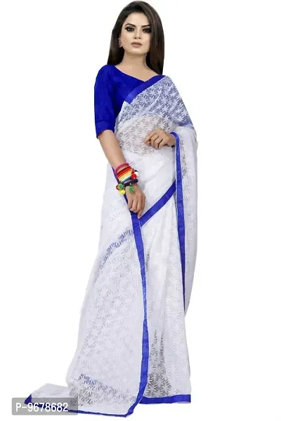 Women?s Embroidered Net Thraed Work Saree With Unstitched Matching Blouse Piece (White&Blue)-thumb4