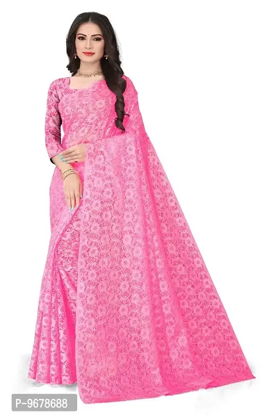 Women?s Embroidered Net Fabric Work Saree With Unstitched Matching Blouse Piece (Pink)-thumb0