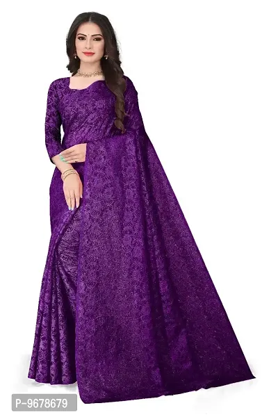 Women?s Embroidered Net Fabric Work Saree With Unstitched Matching Blouse Piece (Purple)-thumb0