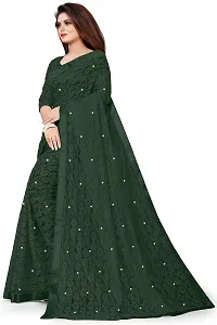 Women?s Embroidered Net Fabric Moti Work Saree With Unstitched Matching Blouse Piece (Dark Green)-thumb2