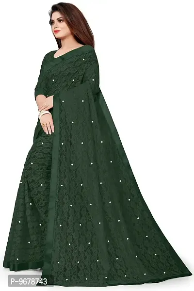 Women?s Embroidered Net Fabric Moti Work Saree With Unstitched Matching Blouse Piece (Dark Green)-thumb3