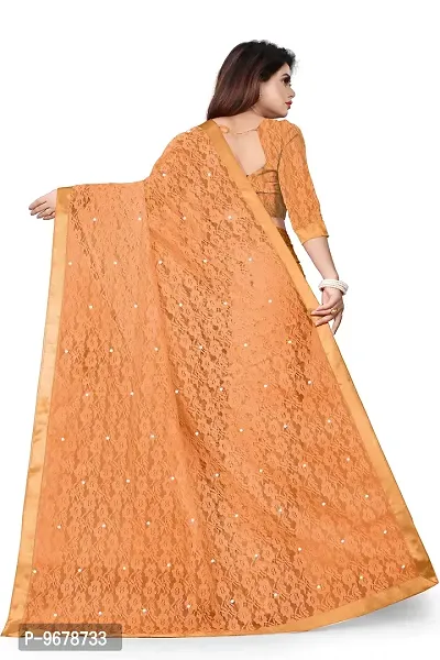 Women?s Embroidered Net Fabric Moti Work Saree With Unstitched Matching Blouse Piece (Mustard)-thumb2