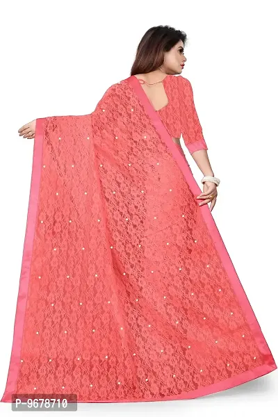 Women?s Embroidered Net Fabric Moti Work Saree With Unstitched Matching Blouse Piece (Peach)-thumb4