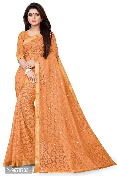 Women?s Embroidered Net Fabric Moti Work Saree With Unstitched Matching Blouse Piece (Mustard)-thumb0