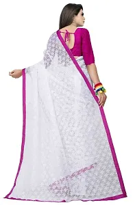 Women?s Embroidered Net Thraed Work Saree With Unstitched Matching Blouse Piece (White&Pink)-thumb1