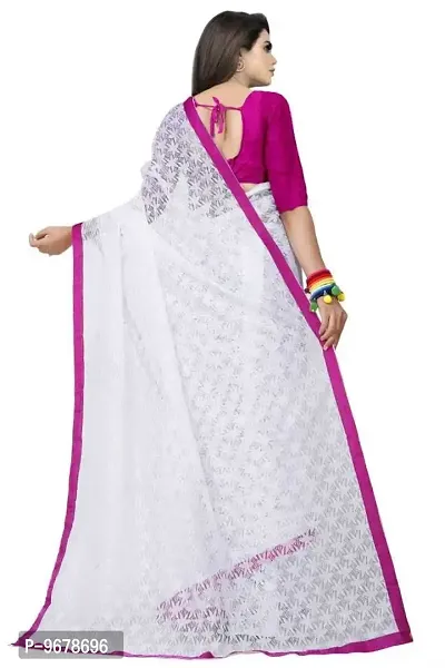 Women?s Embroidered Net Thraed Work Saree With Unstitched Matching Blouse Piece (White&Pink)-thumb2