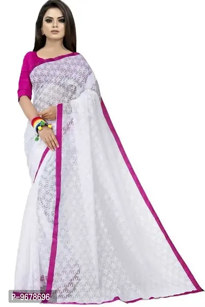 Women?s Embroidered Net Thraed Work Saree With Unstitched Matching Blouse Piece (White&Pink)-thumb0