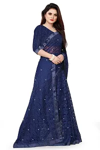 Women?s Embroidered Net Fabric Moti Work Saree With Unstitched Matching Blouse Piece (Blue)-thumb4