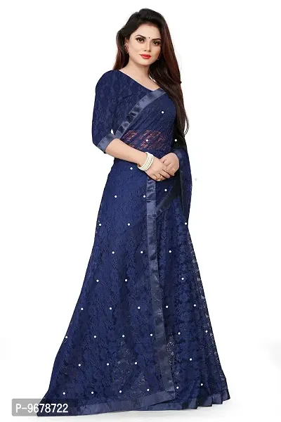 Women?s Embroidered Net Fabric Moti Work Saree With Unstitched Matching Blouse Piece (Blue)-thumb5