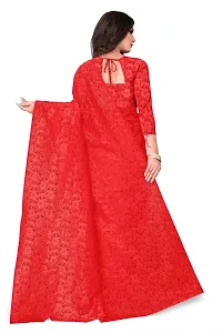 Women?s Embroidered Net Fabric Work Saree With Unstitched Matching Blouse Piece (Red)-thumb1