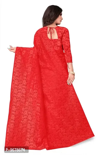 Women?s Embroidered Net Fabric Work Saree With Unstitched Matching Blouse Piece (Red)-thumb2