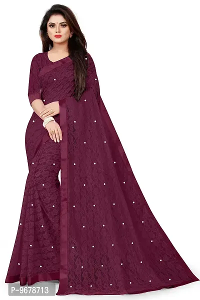 Women?s Embroidered Net Fabric Moti Work Saree With Unstitched Matching Blouse Piece (Wine)-thumb0