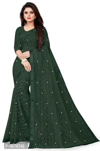 Women?s Embroidered Net Fabric Moti Work Saree With Unstitched Matching Blouse Piece (Dark Green)-thumb0