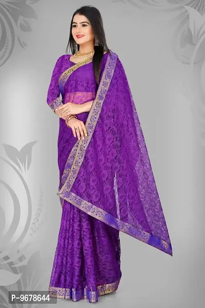 Women?s Embroidered Net Thraed Work Saree With Unstitched Matching Blouse Piece (Purple)-thumb3