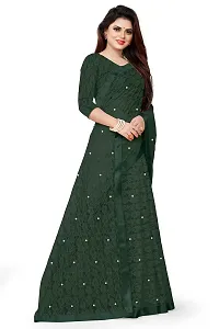 Women?s Embroidered Net Fabric Moti Work Saree With Unstitched Matching Blouse Piece (Dark Green)-thumb3