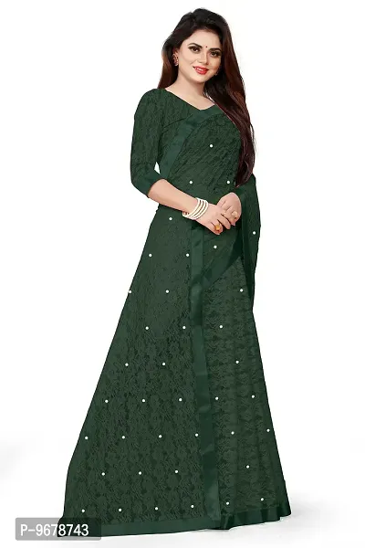 Women?s Embroidered Net Fabric Moti Work Saree With Unstitched Matching Blouse Piece (Dark Green)-thumb4