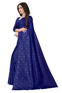 Women?s Embroidered Net Fabric Work Saree With Unstitched Matching Blouse Piece (Blue)-thumb2