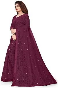 Women?s Embroidered Net Fabric Moti Work Saree With Unstitched Matching Blouse Piece (Wine)-thumb2