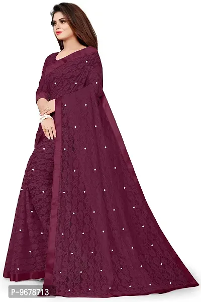 Women?s Embroidered Net Fabric Moti Work Saree With Unstitched Matching Blouse Piece (Wine)-thumb3