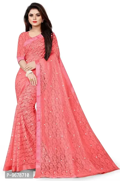 Women?s Embroidered Net Fabric Moti Work Saree With Unstitched Matching Blouse Piece (Peach)-thumb0