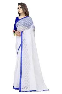 Women?s Embroidered Net Thraed Work Saree With Unstitched Matching Blouse Piece (White&Blue)-thumb2