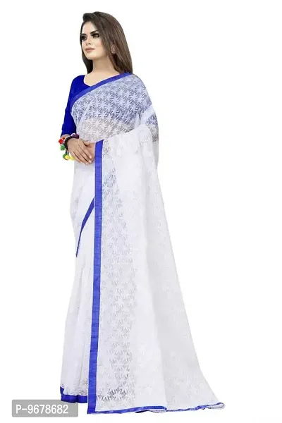 Women?s Embroidered Net Thraed Work Saree With Unstitched Matching Blouse Piece (White&Blue)-thumb3