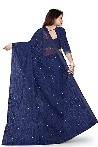 Women?s Embroidered Net Fabric Moti Work Saree With Unstitched Matching Blouse Piece (Blue)-thumb3