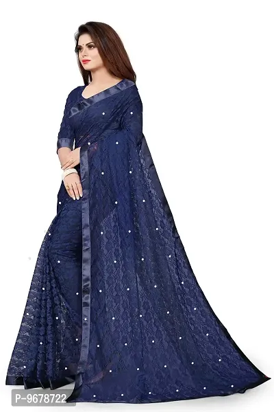 Women?s Embroidered Net Fabric Moti Work Saree With Unstitched Matching Blouse Piece (Blue)-thumb2