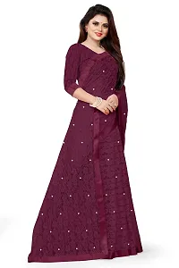 Women?s Embroidered Net Fabric Moti Work Saree With Unstitched Matching Blouse Piece (Wine)-thumb3