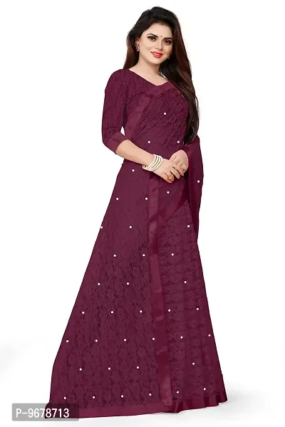 Women?s Embroidered Net Fabric Moti Work Saree With Unstitched Matching Blouse Piece (Wine)-thumb4