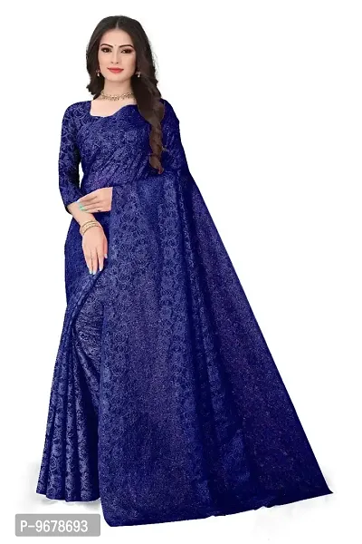 Women?s Embroidered Net Fabric Work Saree With Unstitched Matching Blouse Piece (Blue)-thumb0