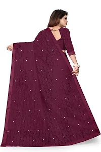 Women?s Embroidered Net Fabric Moti Work Saree With Unstitched Matching Blouse Piece (Wine)-thumb1