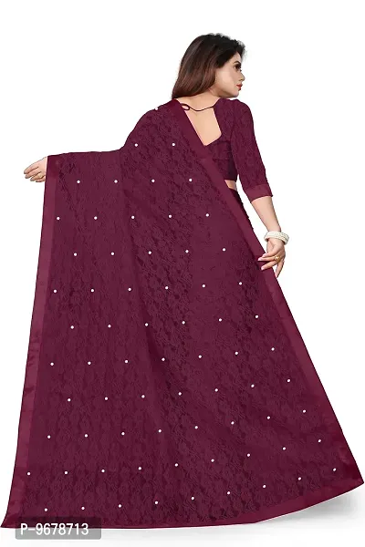 Women?s Embroidered Net Fabric Moti Work Saree With Unstitched Matching Blouse Piece (Wine)-thumb2