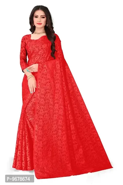 Women?s Embroidered Net Fabric Work Saree With Unstitched Matching Blouse Piece (Red)