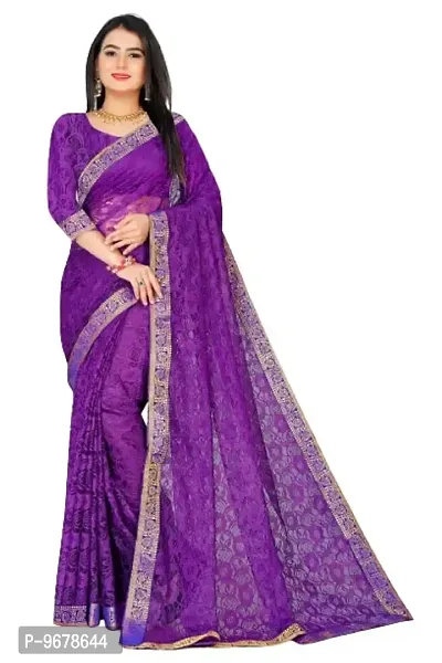 Women?s Embroidered Net Thraed Work Saree With Unstitched Matching Blouse Piece (Purple)-thumb0