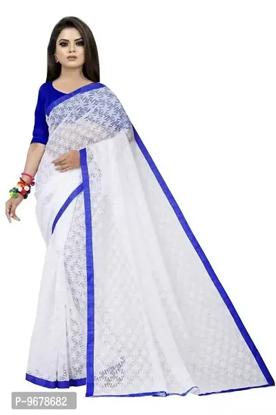 Women?s Embroidered Net Thraed Work Saree With Unstitched Matching Blouse Piece (White&Blue)-thumb0